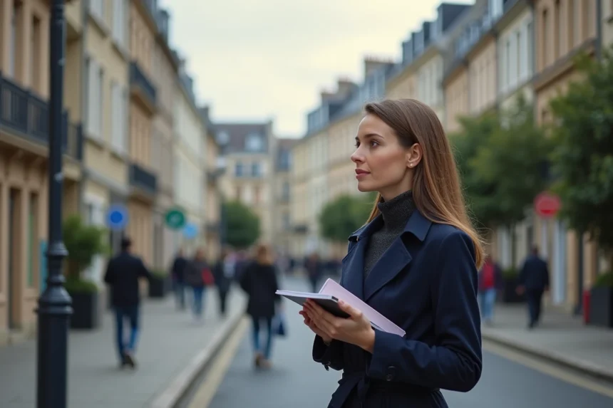 Jeune femme en trench observant le quartier de Le Havre