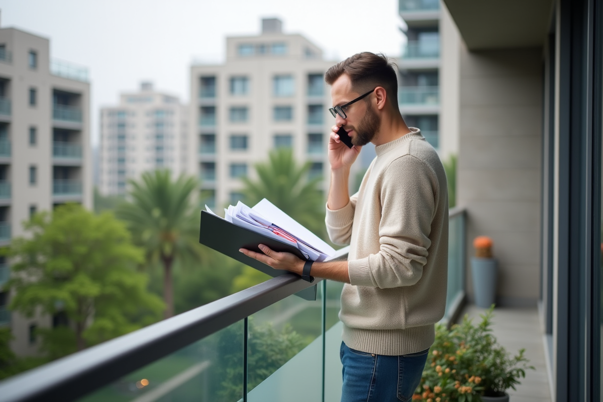 Jeune homme parlant au téléphone avec dossier de taxes en main