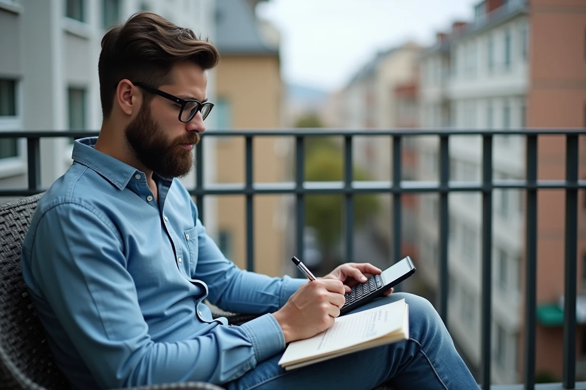 Jeune homme calculant son budget sur un balcon urbain