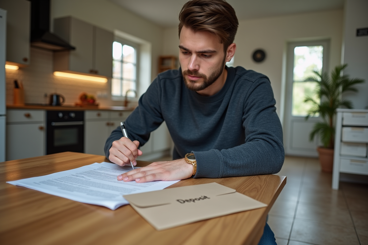Jeune homme lisant un contrat de location à la cuisine
