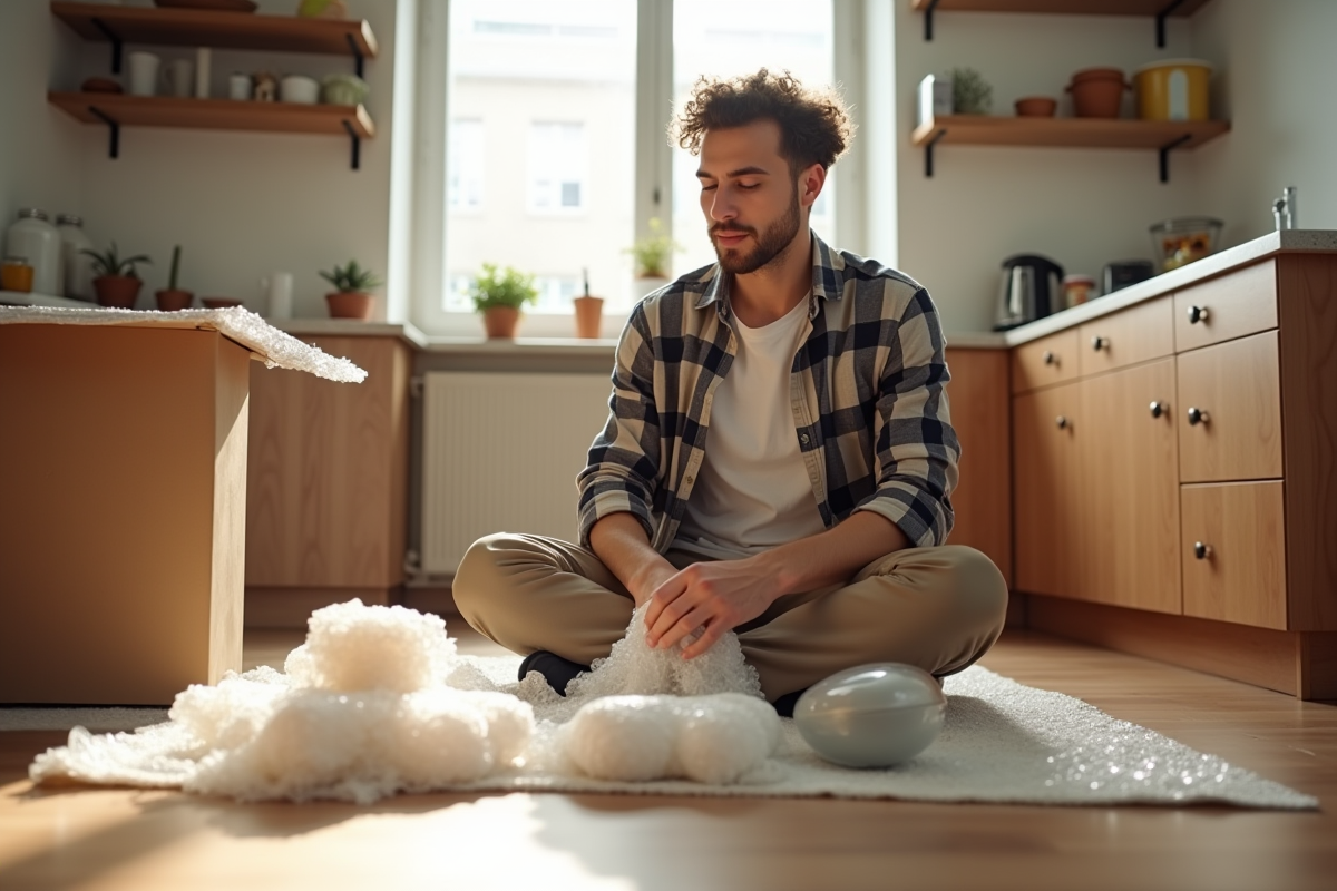 Jeune homme emballant des ustensiles dans la cuisine lumineuse