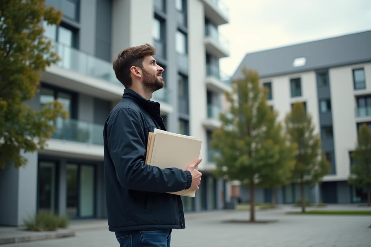 Jeune homme tenant un dossier devant un immeuble de logement social en France
