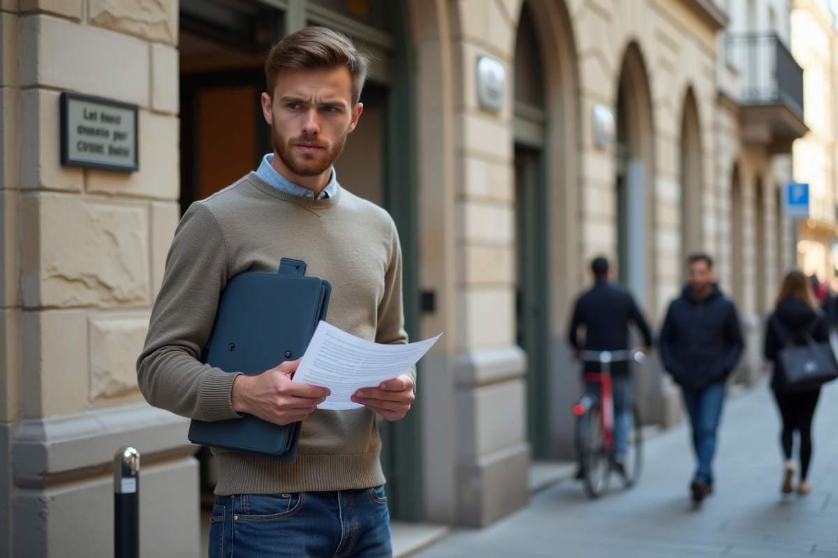 Jeune homme devant la mairie en train de remplir un formulaire