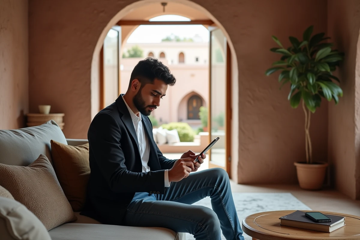 Jeune homme marocain examinant des annonces immobilières