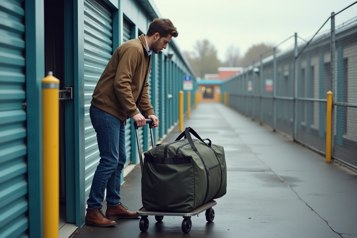 Jeune homme déplaçant un sac de voyage dans un entrepôt extérieur