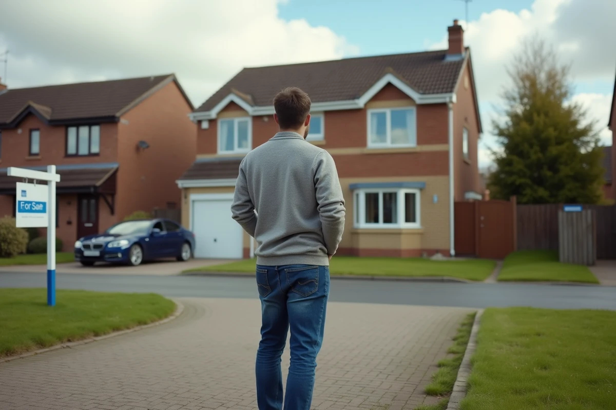 Jeune homme regarde une maison avec une pancarte vente devant