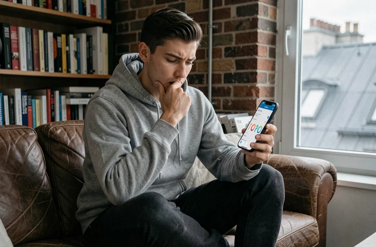 Jeune homme consultant une application de comparaison d'assurance habitation sur smartphone dans son appartement