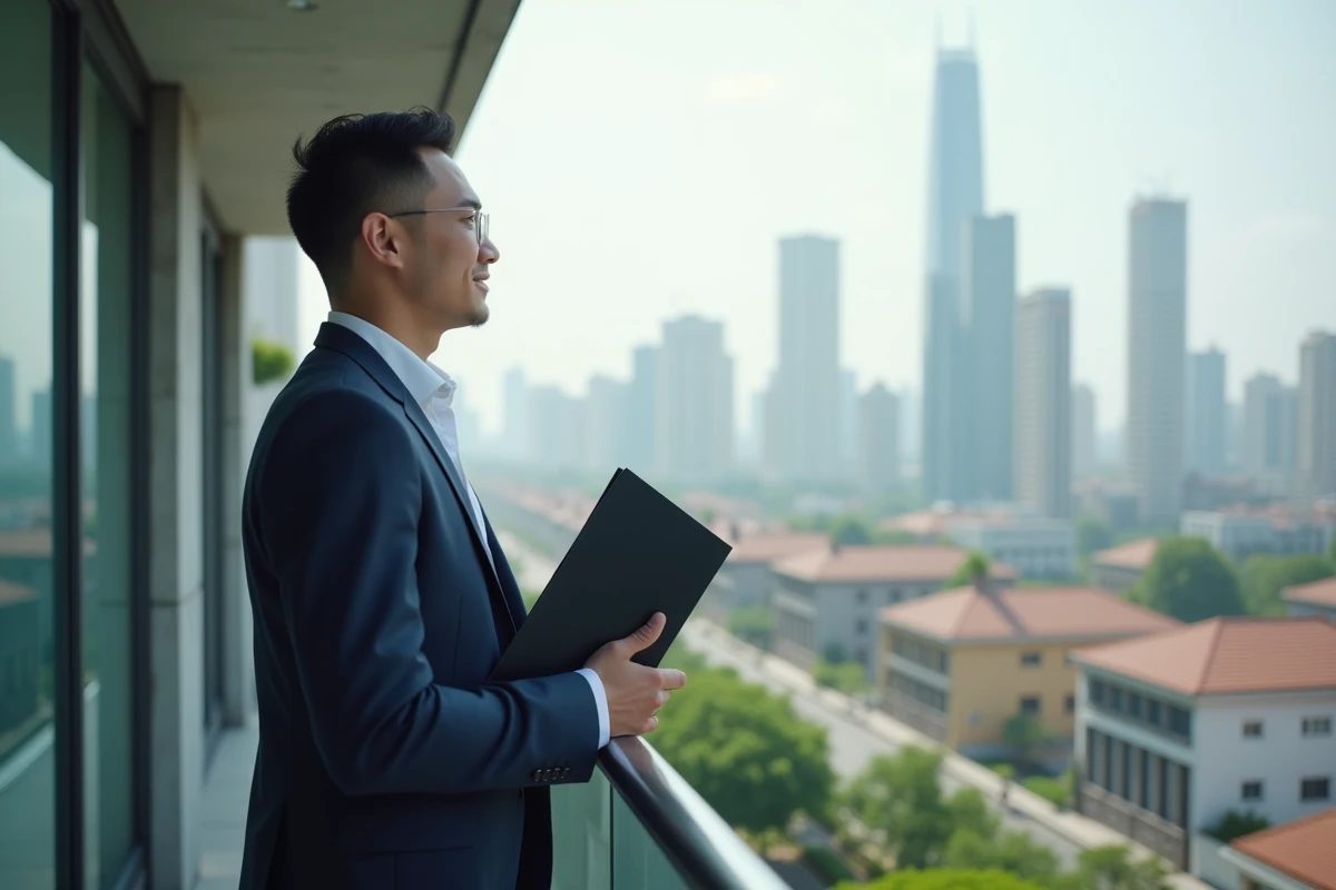 Jeune homme professionnel regardant la ville depuis un balcon