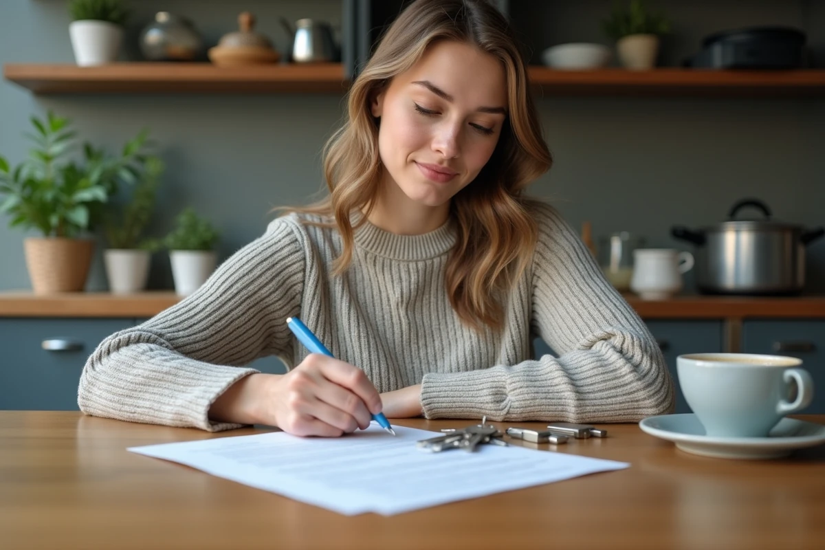 Jeune femme lisant attentivement un contrat de colocation avant de signer, avec des clés posées sur la table