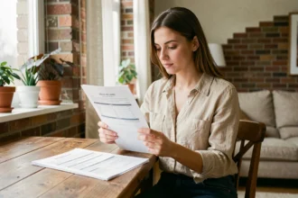 Jeune femme locataire lisant un contrat d'assurance habitation dans un appartement meublé
