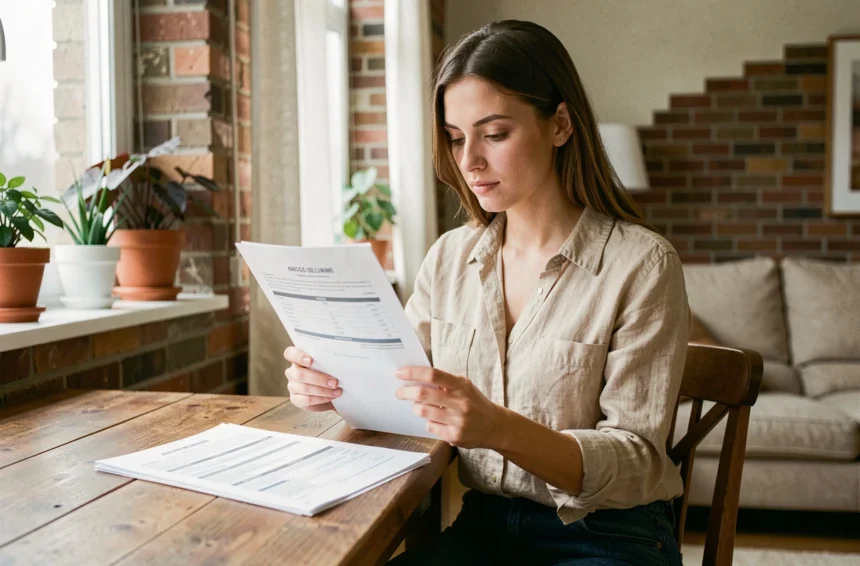 Jeune femme locataire lisant un contrat d'assurance habitation dans un appartement meublé