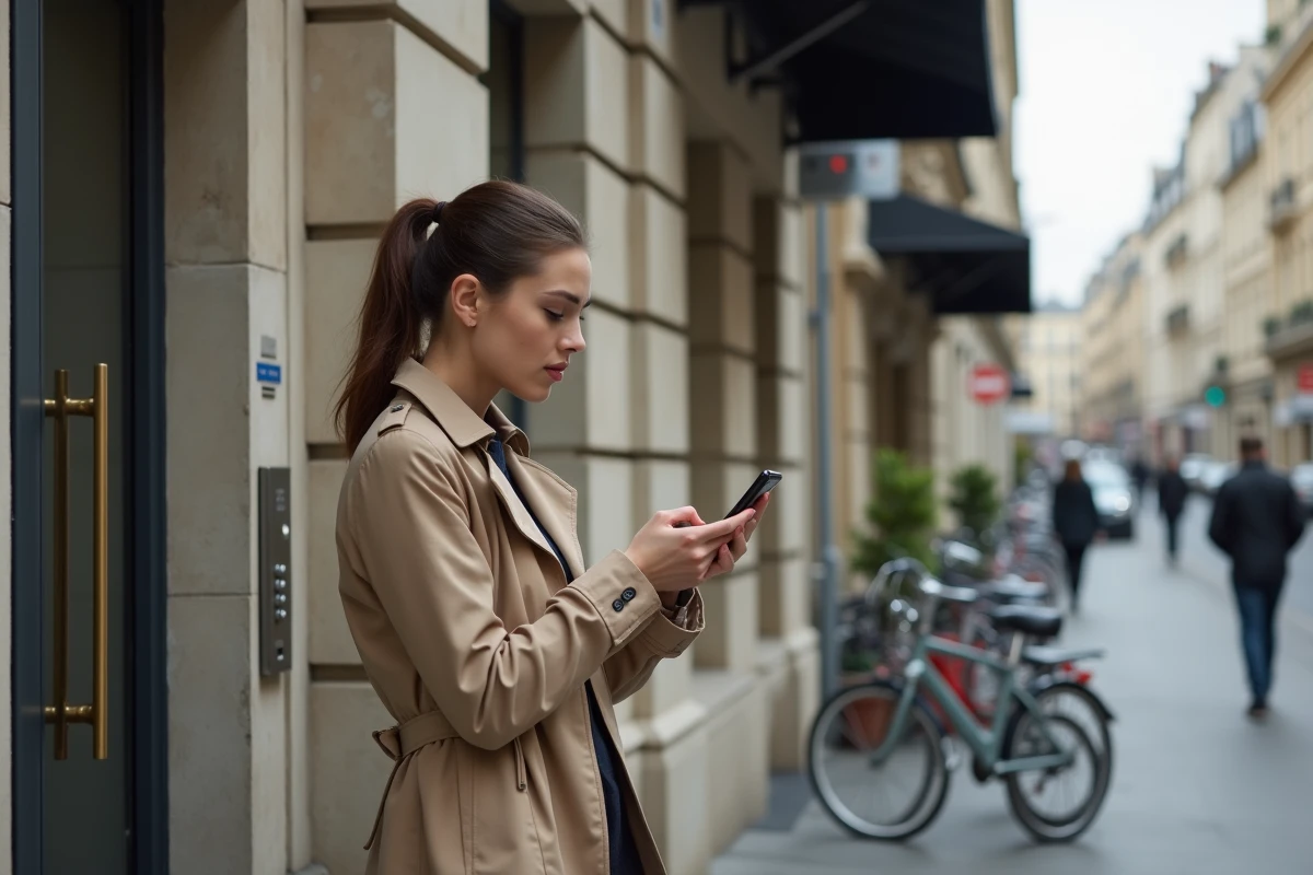 Locataire devant un immeuble résidentiel cherchant à contacter Levallois Habitat depuis son smartphone