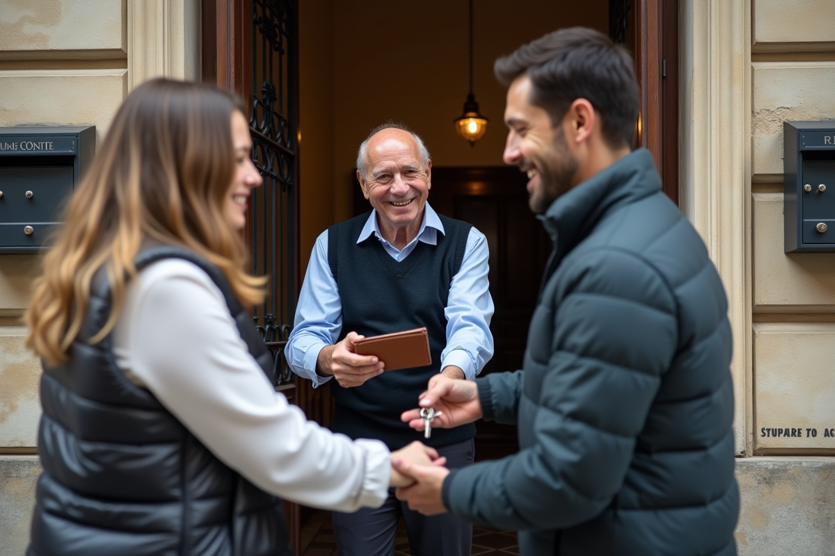 Agent immobilier remet des clés à un couple devant un immeuble parisien