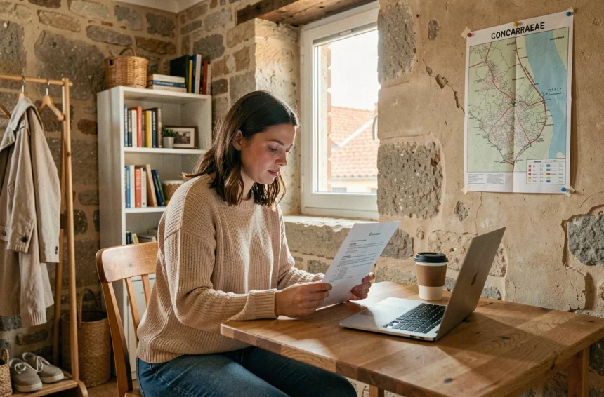 Jeune femme étudiant un contrat de location dans un studio meublé à Concarneau avec architecture bretonne