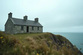 Maison en pierre bretonne avec vue sur l'Atlantique depuis une falaise côtière en Bretagne