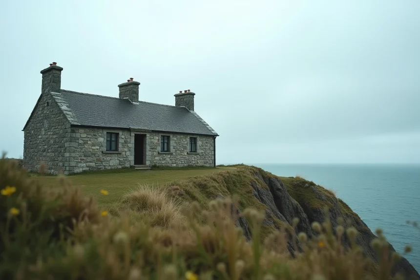 Maison en pierre bretonne avec vue sur l'Atlantique depuis une falaise côtière en Bretagne