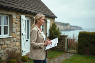 Femme examinant une maison normande en pierre à vendre au bord de mer avec brochure immobilière
