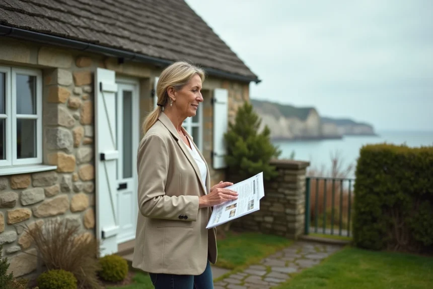 Femme examinant une maison normande en pierre à vendre au bord de mer avec brochure immobilière