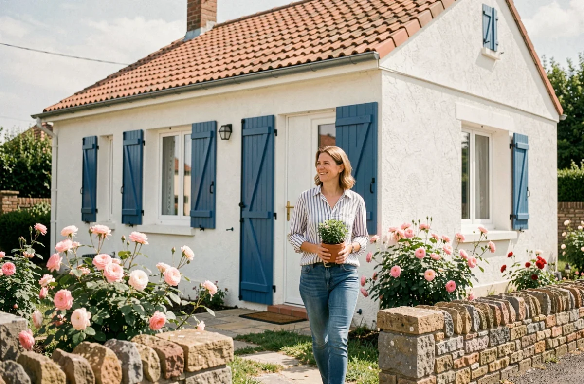 Femme devant une maison lumineuse construite par Maisons Clair Logis dans le Tarn