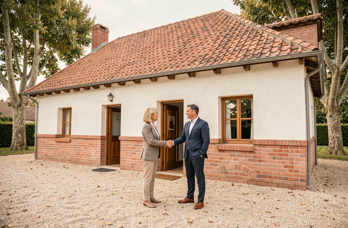Rencontre avec un conseiller devant une maison construite par Maisons d'en France Midi-Pyrénées dans le Tarn