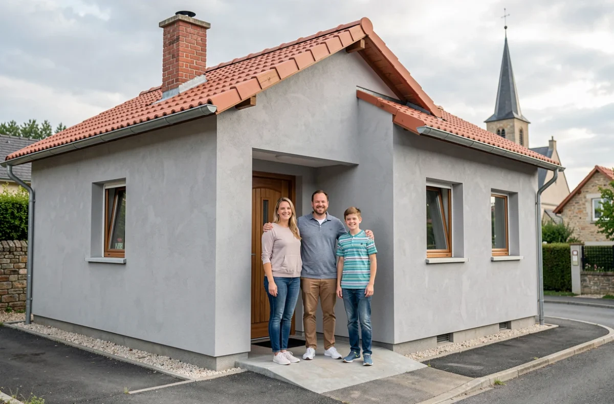 Famille devant une maison construite par Maisons SIC dans un village du Tarn