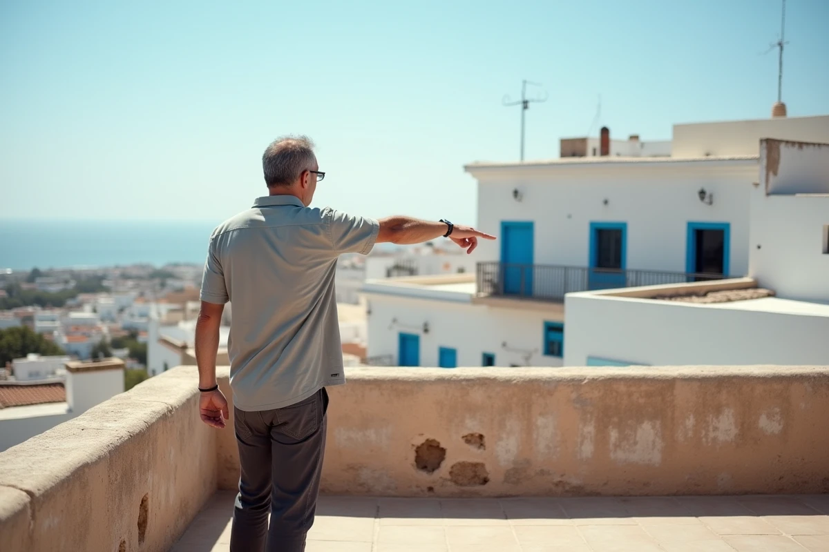 Homme explorant les toits de la médina d'Essaouira pour une location longue durée
