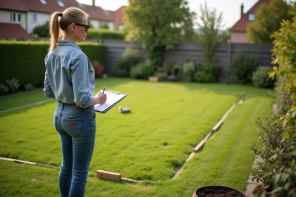 Femme mesurant un jardin de 600 m2 dans une cour arrière