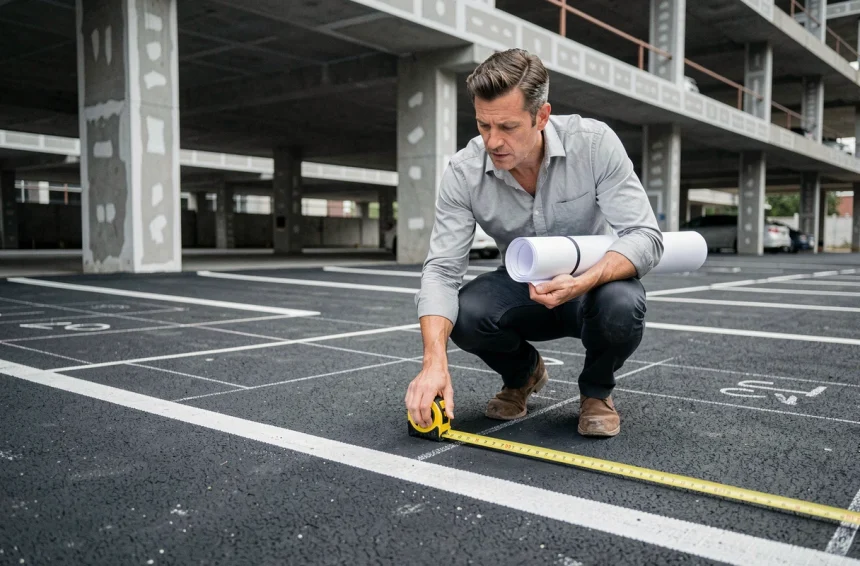 Urbaniste mesurant une place de parking standard avec un mètre ruban jaune dans un parking en construction