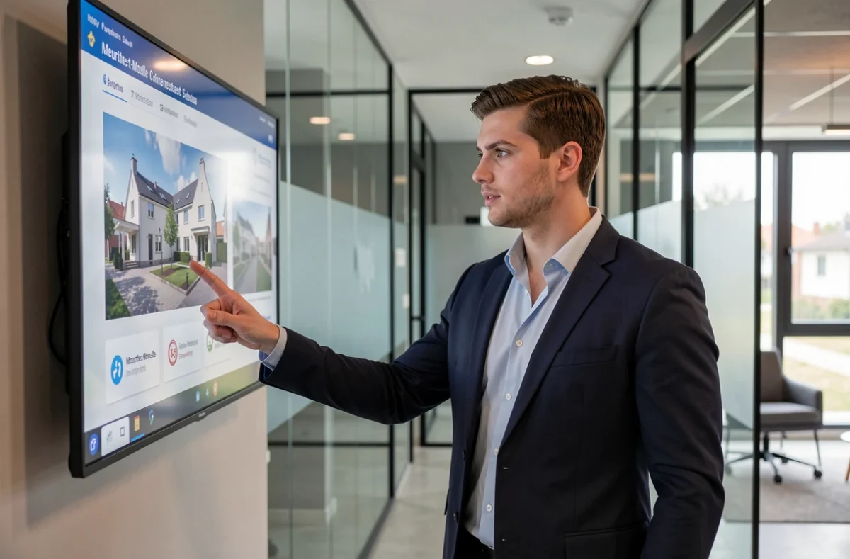 Agent immobilier de Motty Immobilier dans une agence moderne présentant des informations de gestion