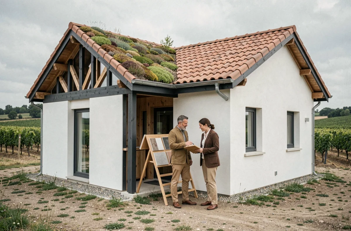 Couple examinant une maison écologique construite par Natilia à Albi dans le Tarn