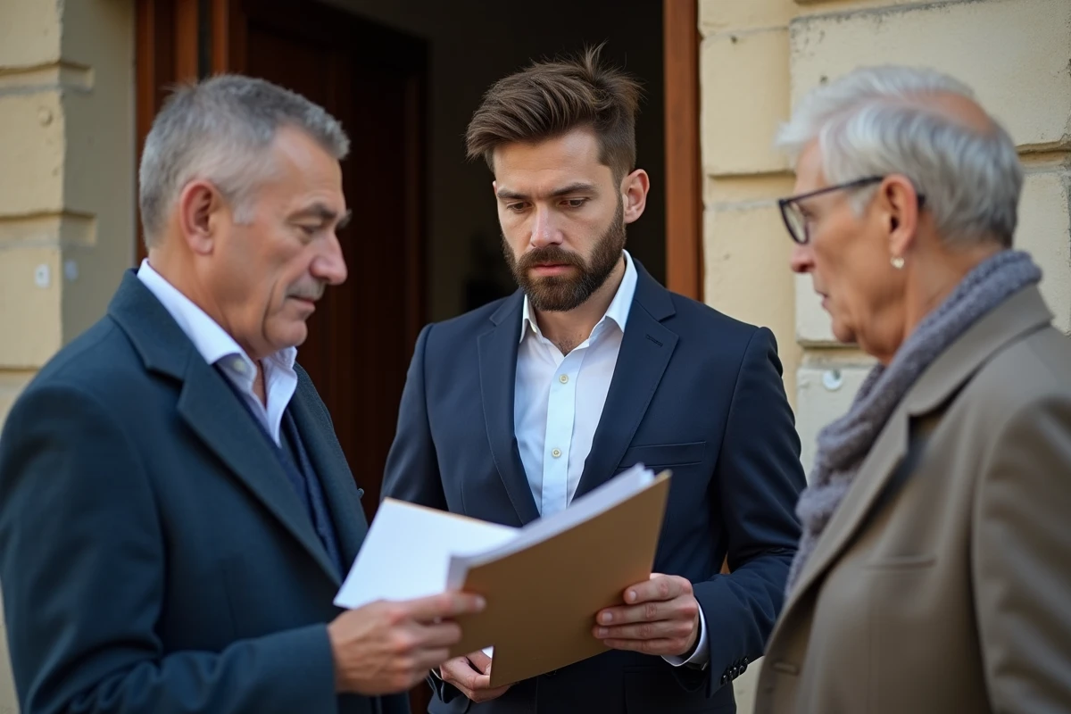 Un officiel discute avec un couple devant la mairie du village