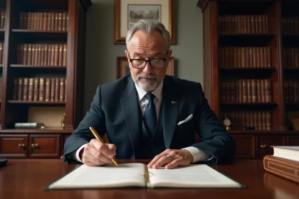 Notaire en costume marine lisant une lettre officielle dans un bureau juridique traditionnel avec bibliothèque en bois et documents légaux