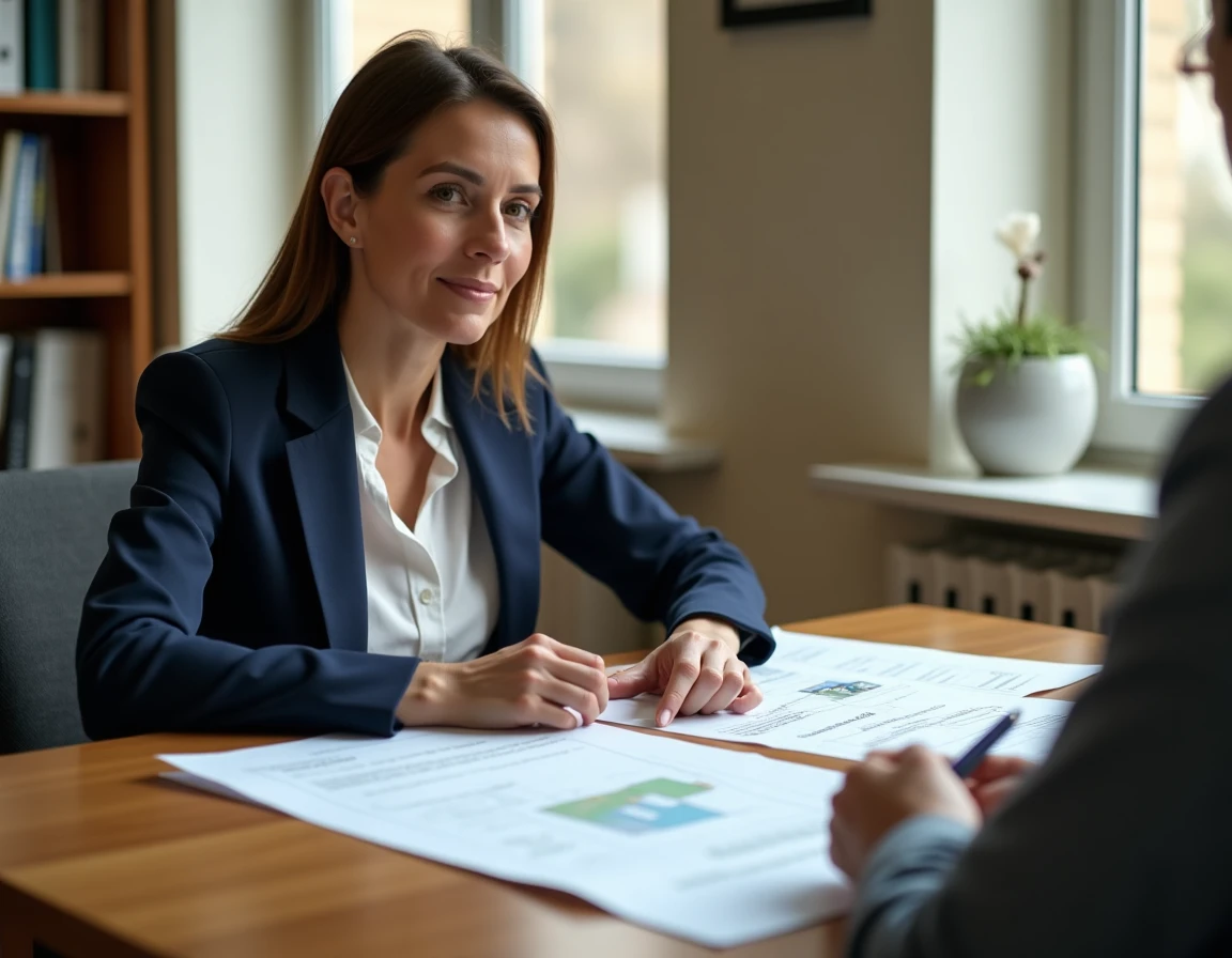 Notaire et client examinant un contrat de vente d'une parcelle de terrain avec mobil-home dans un bureau officiel