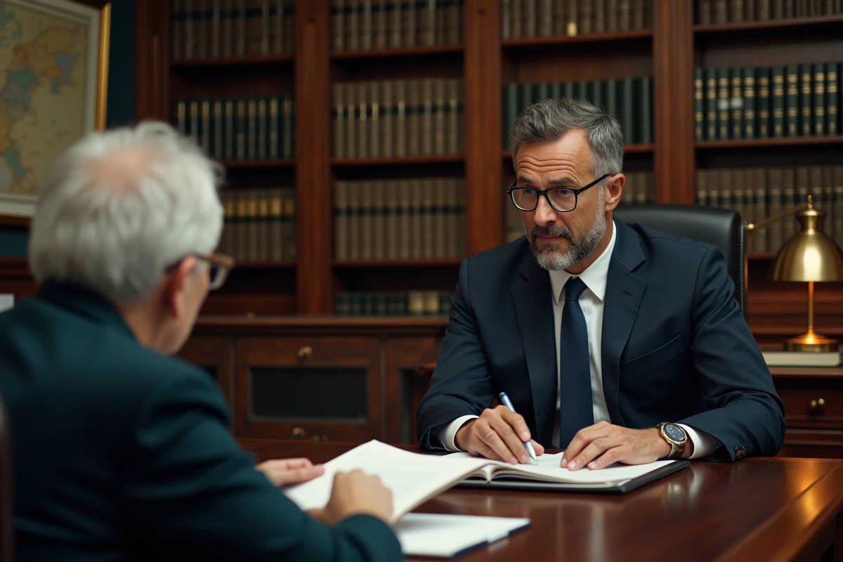 Notaire expliquant les clauses d'un contrat de viager libre sans bouquet à un couple de seniors dans un bureau officiel