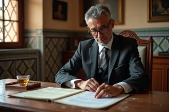 Notaire marocain examinant des documents juridiques pour la vente d'un riad à Marrakech