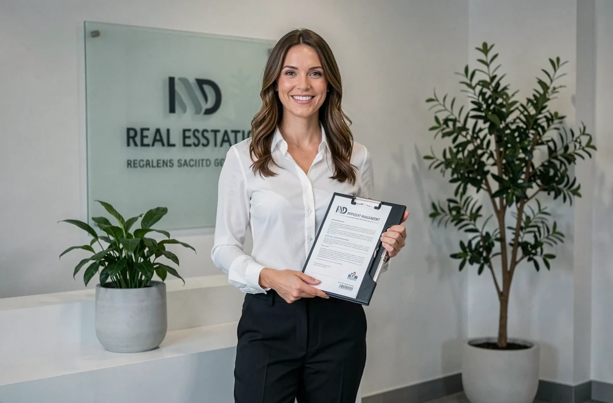 Consultante d'Oria Immobilier dans la réception moderne de l'agence avec documents de syndic
