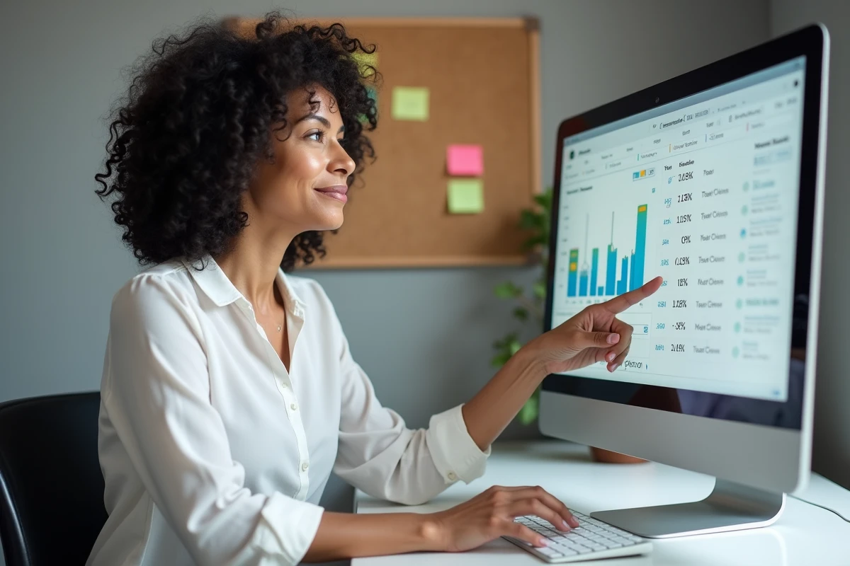 Femme utilisant un outil de simulation viager en ligne sur ordinateur pour éviter les erreurs de calcul