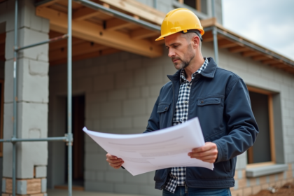 Ouvrier de construction vérifiant des plans devant une maison en construction