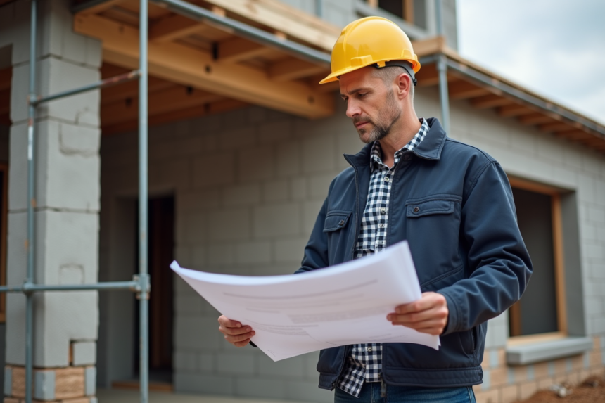 Ouvrier de construction vérifiant des plans devant une maison en construction
