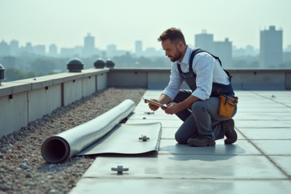 Ouvrier couvreur examinant un toit plat avec membrane