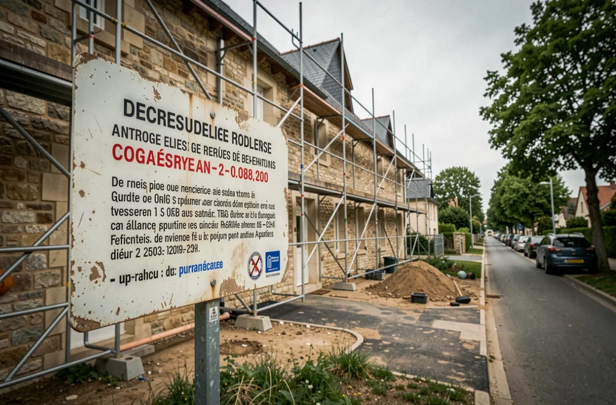 Panneau de déclaration préalable de travaux affiché sur un chantier de rénovation résidentielle en France, avec échafaudage visible en arrière-plan