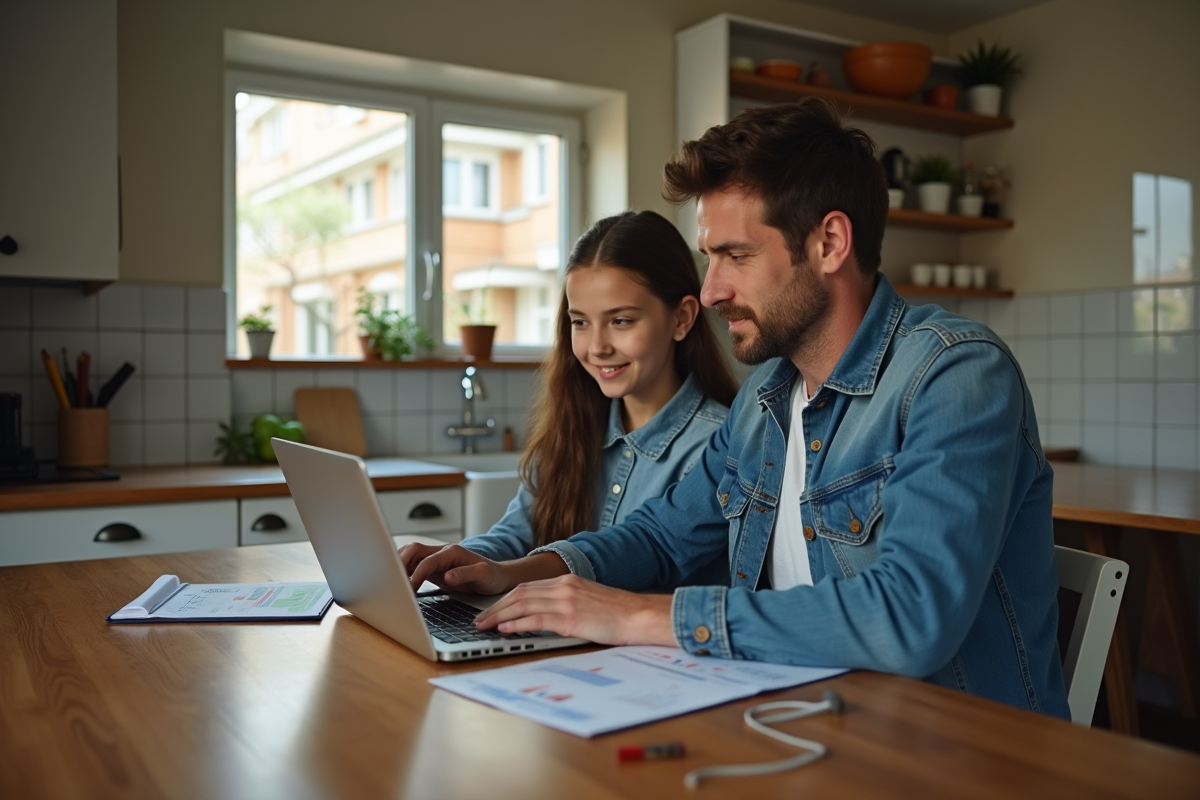 Père et fille analysant des documents financiers à la maison