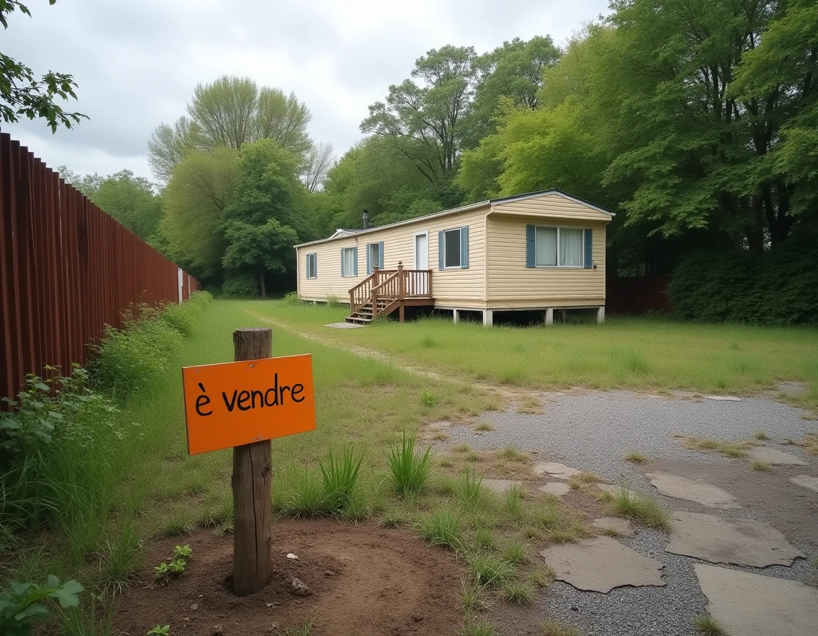 Parcelle de terrain à vendre avec un vieux mobil-home abandonné, panneau À Vendre planté dans le sol en milieu rural