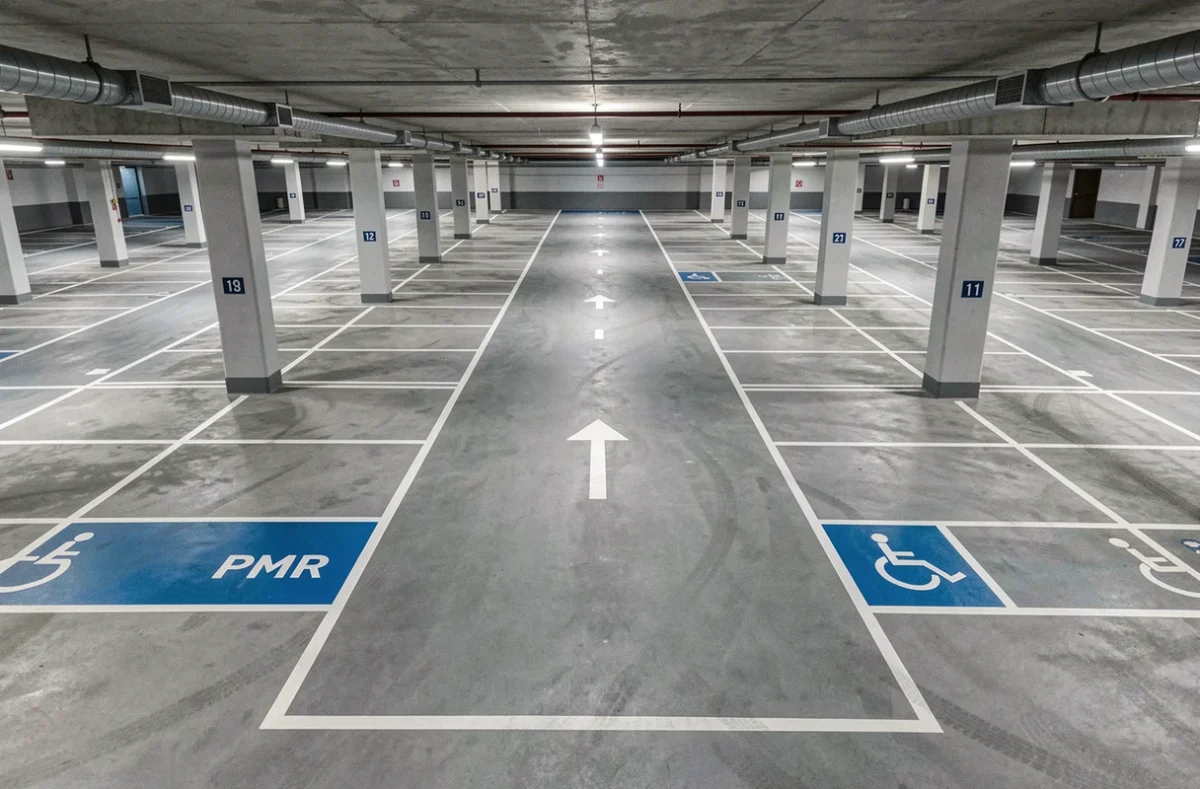 Vue aérienne d'un parking souterrain résidentiel avec places standard et place PMR conformes aux normes 2026