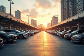 Parking urbain moderne en heure dorée avec voitures et bâtiments