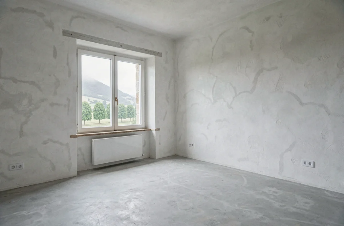 Pièce vide et non meublée dans une maison en pierre de la Creuse, prête pour une location nue avec vue sur la campagne