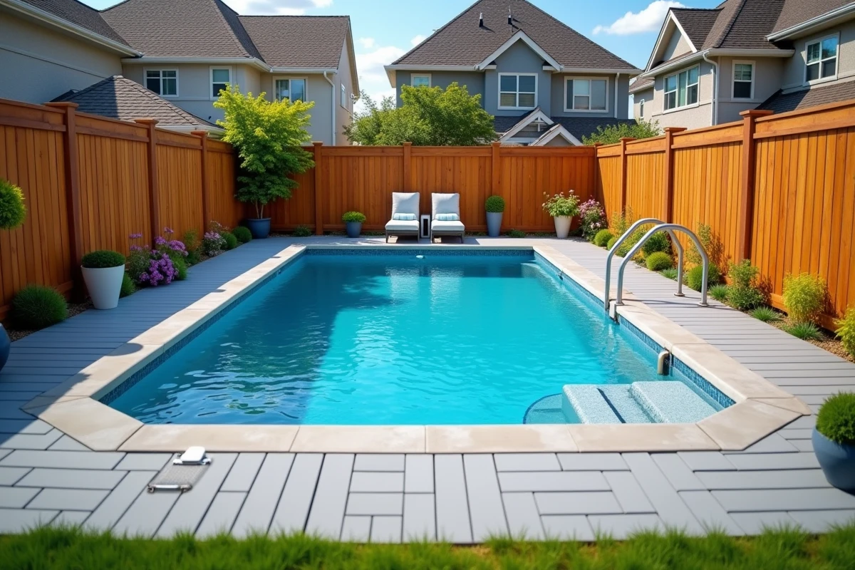 Piscine résidentielle achevée avec clôture en bois sur limite de propriété, portillon de sécurité et vis-à-vis avec maison voisine