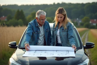 Un couple en extérieur étudie un plan dans un champ rural
