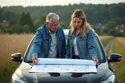 Un couple en extérieur étudie un plan dans un champ rural