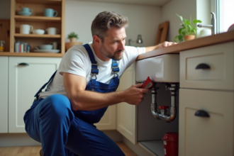 Plombier professionnel sous évier de cuisine en action